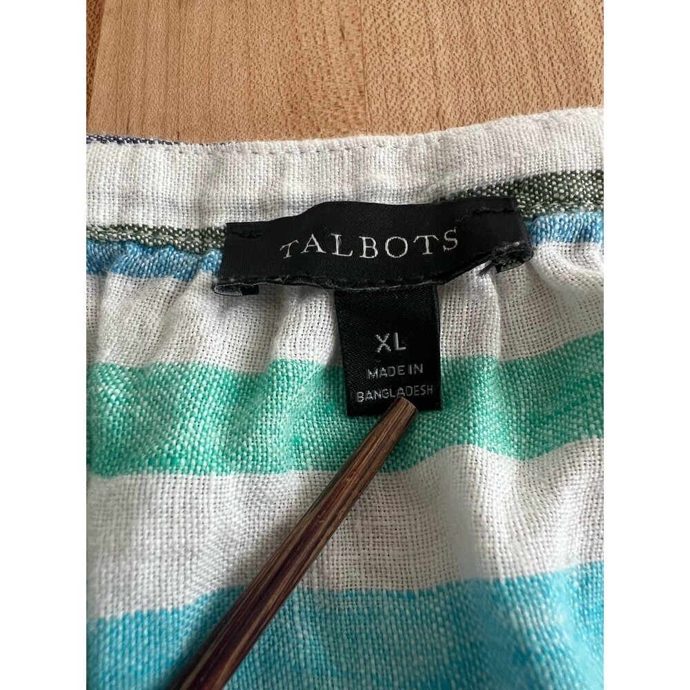 Talbots Puff Sleeve Split Neck Blouse 100% Linen Purple Blue Stripe XL - Picture 4 of 7
